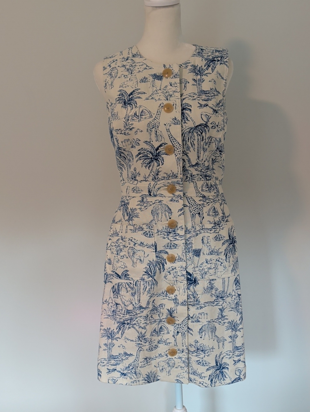 Tory Burch White and Blue Toile Safari Button-Front Mini Shift Dress